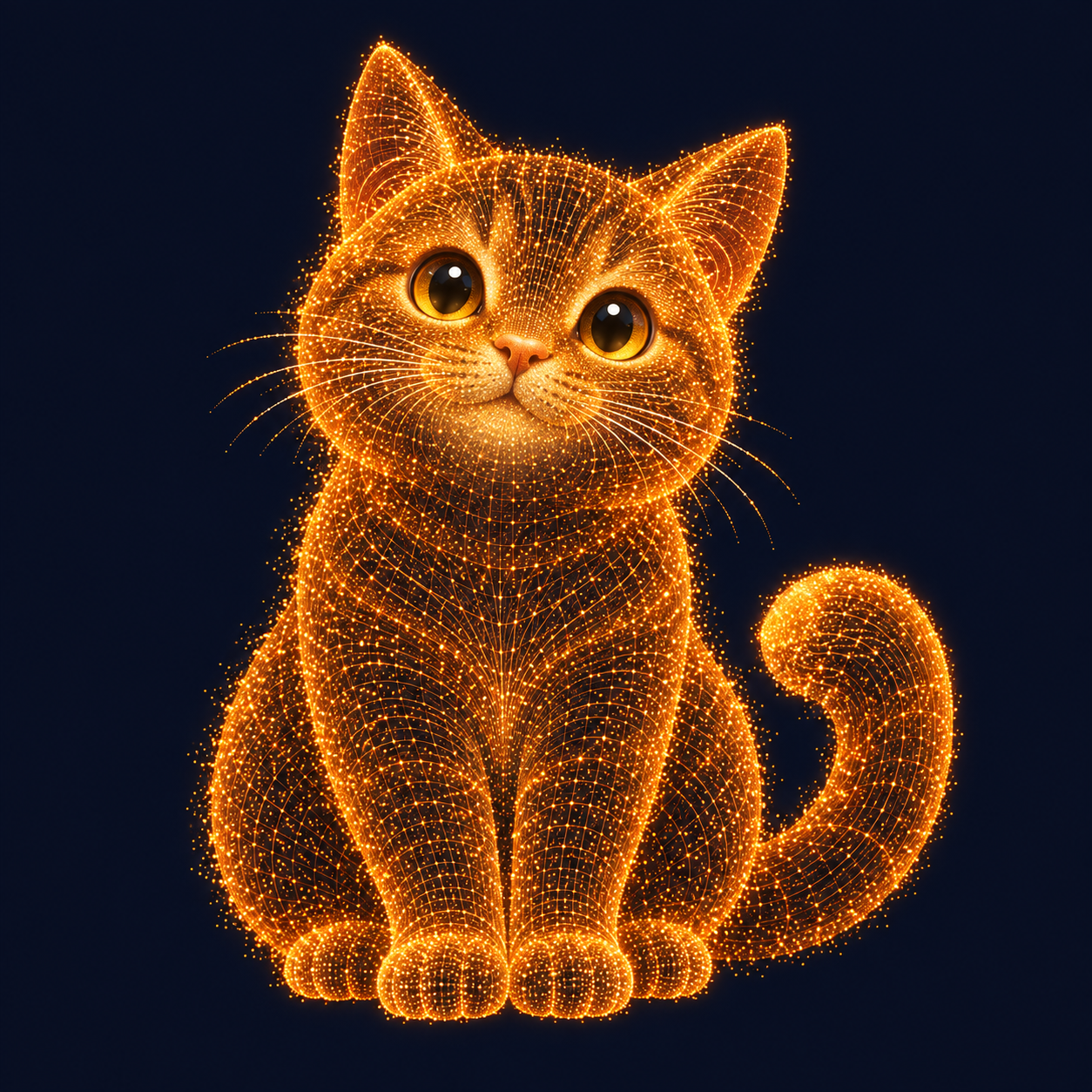 A cute sitting orange cat formed from glowing particles and fine mathematical contours